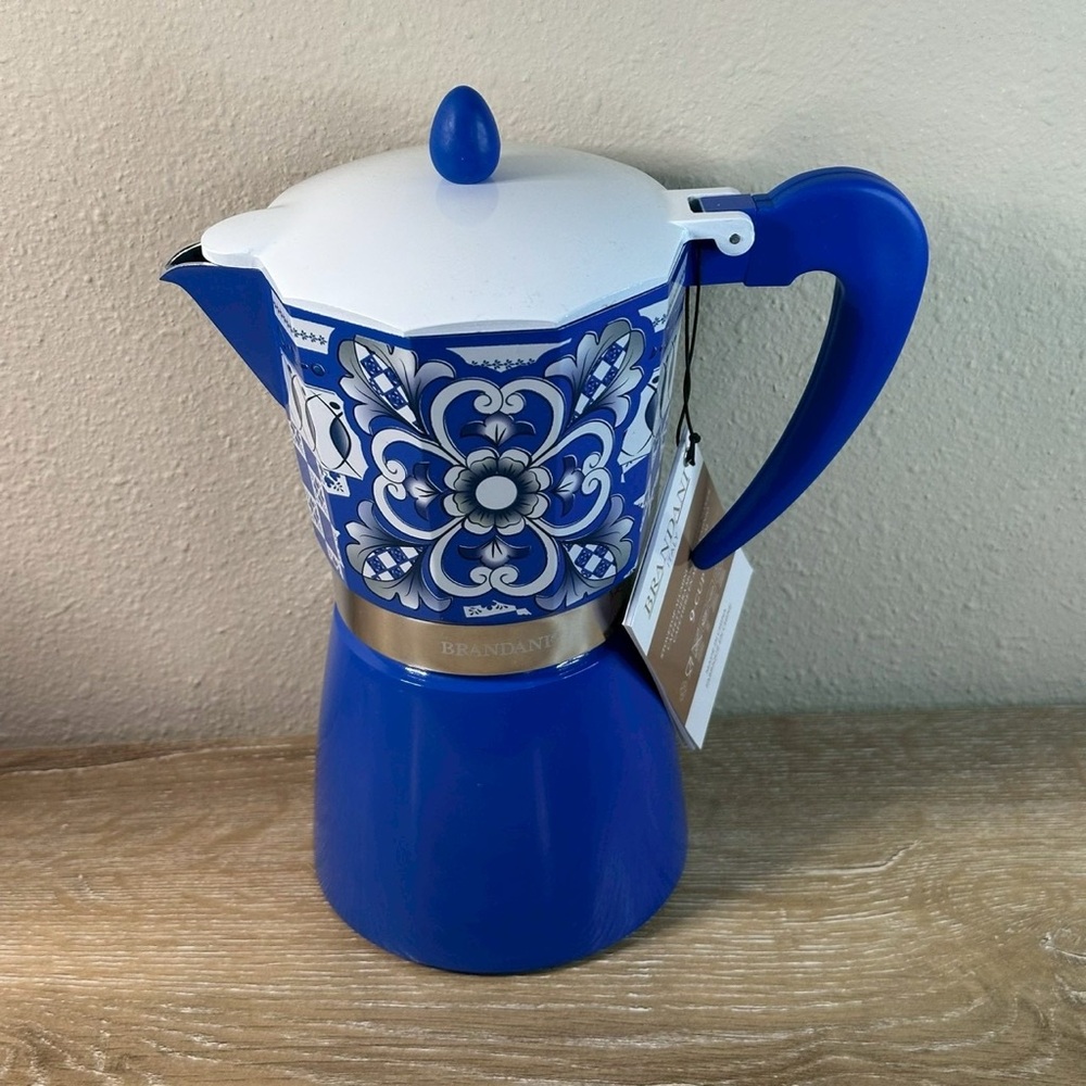 Brandani 9 Cup Italian Coffee Maker Aluminum Moka Pot Sicilian Pattern Blue - Picture 2 of 7